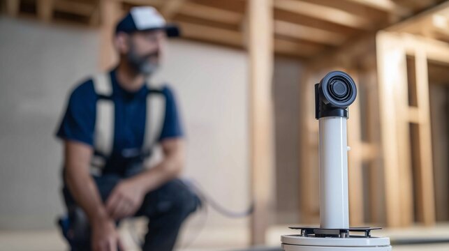 Handheld radon detector on tripod in residential construction with technician in background - radon mitigation setup and detector testing.