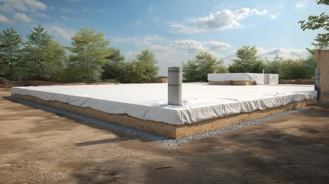 Flat foundation with a sealed membrane and a single radon vent pipe rising above grade, representing radon mitigation service and radiation vent installation.