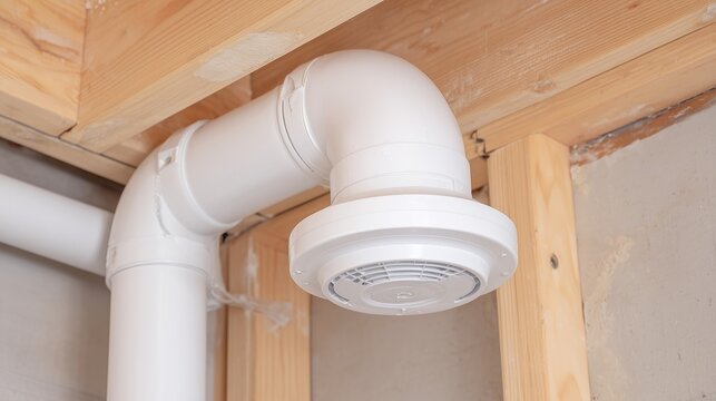 Ceiling radon mitigation ventilation pipe and fan assembly in unfinished basement improving indoor air quality and reducing radon gas exposure.