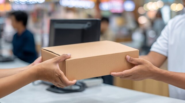 Man giving cardboard box to a woman at counter. Courier handing parcel to customer in shop. Delivery service and e-commerce retail package shipment. Logistics business and trade concept.