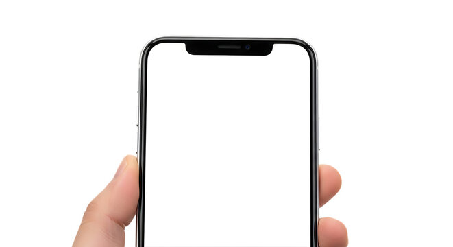 Hand holding a blank smartphone with minimalist design and rounded edges isolated on transparent background