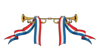 Obraz premium Pair of golden trumpets decorated with long red, white, and blue ribbons symbolize a national celebration or fanfare.