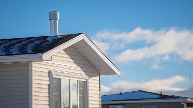 House rooftop with radon mitigation pipe and vent stack conveying soil gas away from living space, symbolizing indoor air safety and radon reduction.
