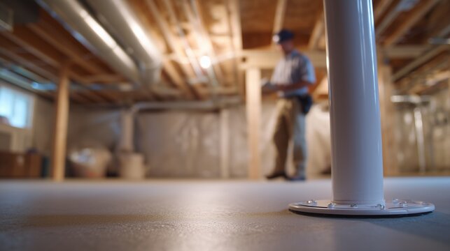 Technician installing radon mitigation pipe and fan in a finished basement, representing radon mitigation technician service and indoor air safety.