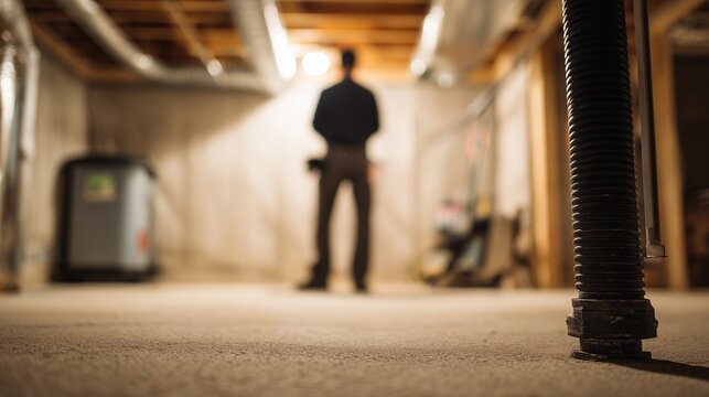 Technician inspecting basement with radon mitigation pipe and fan, measuring radon risk and installing mitigation system.