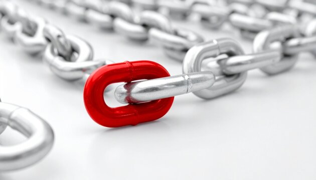 Metallic chain with one red link, symbolizing uniqueness, strength, critical connection, resilience, and standout identity in uniform systems.