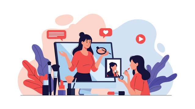 Online beauty tutorial showing influencer on computer screen demonstrating cosmetics while young woman applies makeup using various products at home.
