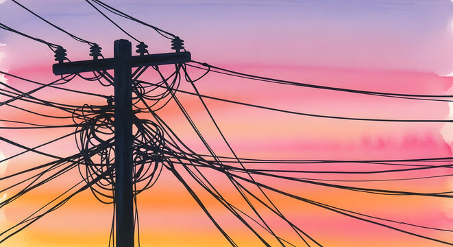 An expressive watercolor painting capturing the silhouette of a utility pole and its messy wires in the foreground
