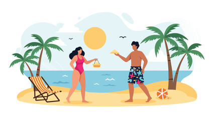 Obraz premium Happy young couple in swimwear building sandcastles on beautiful tropical beach with palm trees and ocean under bright sun.