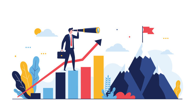 Visionary businessman looking through a telescope while standing on a rising bar chart towards a distant goal flag on a mountain.