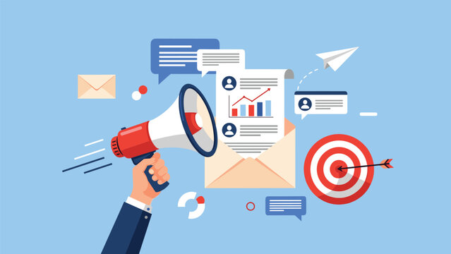 Hand holds a megaphone to amplify a marketing campaign featuring email, targets, and various communication symbols.
