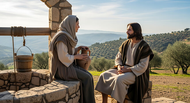Historical depiction of Jesus Christ talking to a Samaritan woman at the well, sacred biblical gospel event from the New Testament, ancient holy scenery of spiritual dialogue.