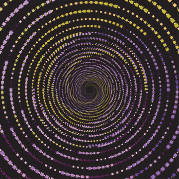 Mesmerizing fractal dotted tunnel of concentric circles in purple and gold tones creating hypnotic depth and futuristic motion illusion.