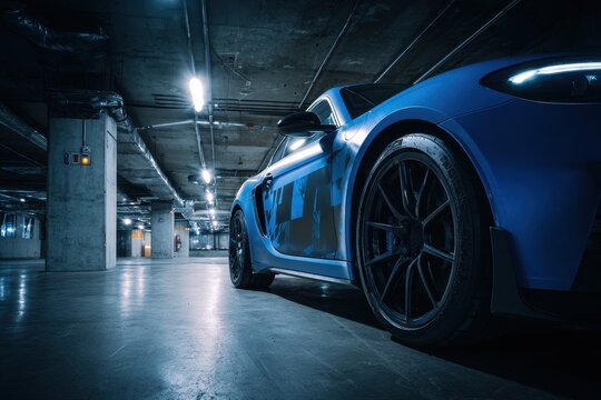 Underground garage scene featuring a blue vehicle with bold dark foil decals along the side