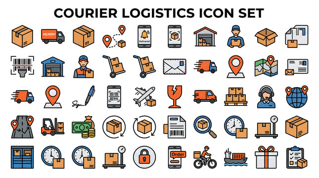 Courier Logistics Icon Set: Delivery, Shipping, Tracking, Warehouse, Transportation Symbols