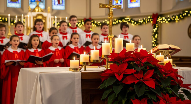 Festive holiday scene inside a sacred cathedral featuring glowing liturgical candles and red poinsettia flowers while a youthful children's choir performs carols during a spiritual celebration.