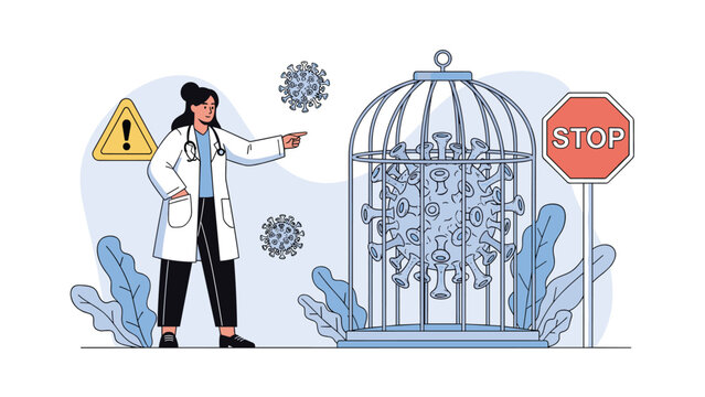 Female doctor in a white coat pointing at a large virus trapped inside a metal birdcage with a stop sign and a warning symbol nearby.