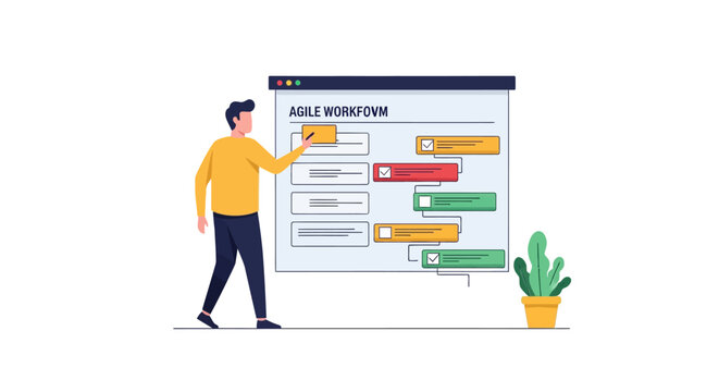 Agile Workflow Concept Vector Illustration: Professional Man Managing Business Project Tasks on Digital Kanban Board Dashboard