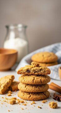 Stack of homemade golden brown cookies with one broken half on top, scattered crumbs, cinnamon sticks, and star anise on a white surface with a blurred kitchen background.