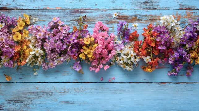 Vibrant floral line along weathered blue planks for spring background