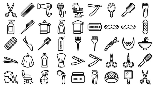 Hairdressing & Barbershop Icons Set. Salon Tools, Grooming Accessories, Stylist Equipment Line Art Collection