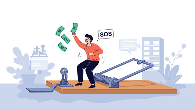 Man caught in a giant mousetrap metaphorically represents the dangers of financial traps and greed while reaching for falling money bills.