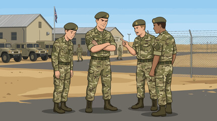 Obraz premium Cartoon depiction of military personnel in a discussion at an army base with vehicles and