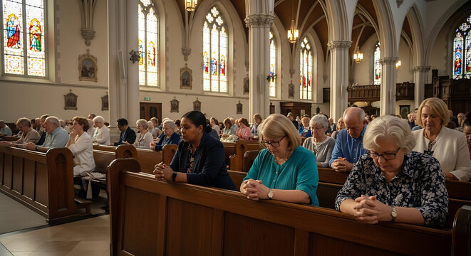 Devout Christian congregation gathered for solemn Easter Sunday worship service inside a historic cathedral featuring a beautiful floral wooden cross adorned with vibrant spring blossoms.