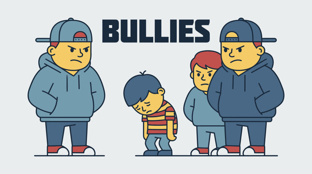 Cartoon illustration depicting a group of intimidating figures confronting a sad, downtrodden