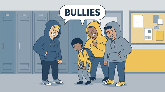 Cartoon illustration depicting a group of bullies confronting a smaller, sad student in a school