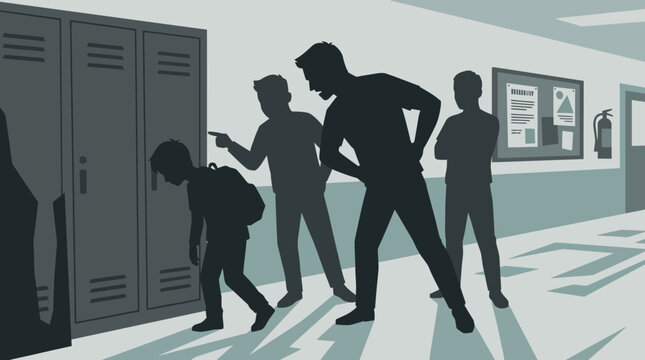 Intimidating silhouettes of youths cornering a smaller student by school lockers