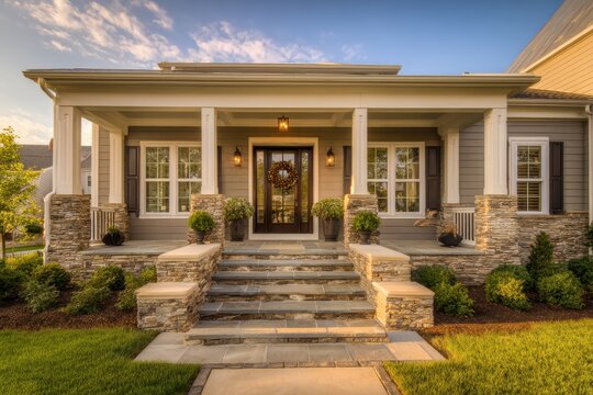 Warm front entrance with stone steps and greenery on a new home exterior