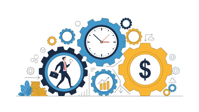 Businessman walks inside a large gear system featuring a clock and dollar sign gears to represent time and money management.