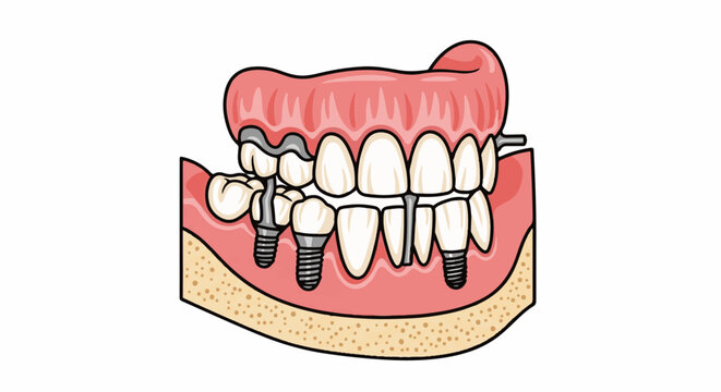 Cartoon illustration of a dental implant bridge showing teeth and implants