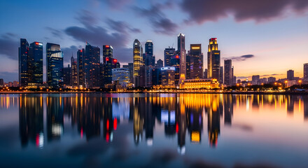 Obraz premium City skyline reflected in water at dusk with buildings and lights