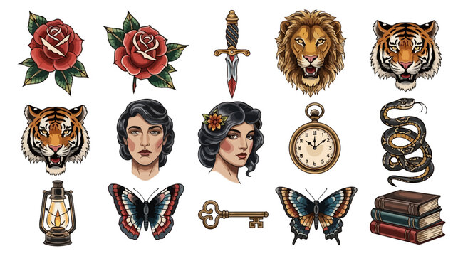 Vintage vector illustration set of flowers animals dagger clock and people
