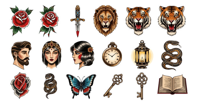 Vintage illustration collection roses animals people and symbols