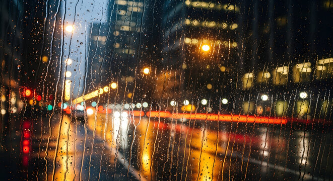 Rainy city street at night with blurred lights reflecting on wet pavement through window