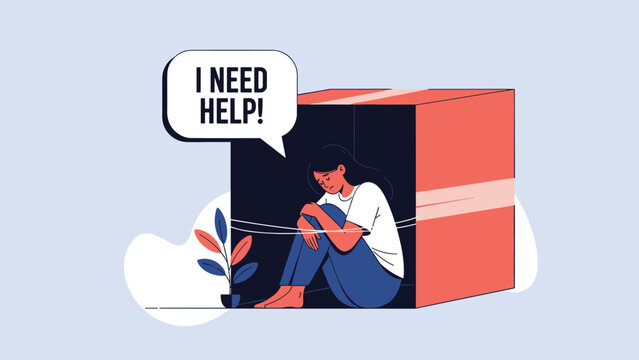 Depressed woman sitting alone inside a small dark box with a speech bubble saying I need help over a light blue background.