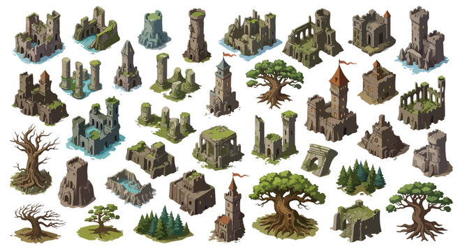 Isometric medieval castle ruins and fantasy fortress set, 32 ancient stone building icons, abandoned kingdom architecture for game design