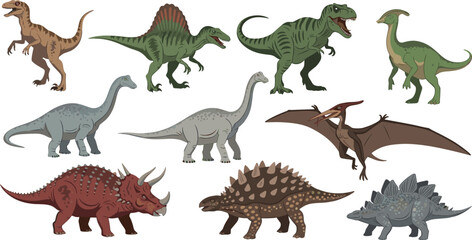 Cartoon Dinosaur Collection Featuring T-Rex, Triceratops, Pterodactyl, and More for Prehistoric, Wildlife, and Jurassic Design © Honey!