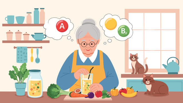 Healthy elderly woman in her kitchen preparing a nutritious fruit smoothie with floating bubbles of vitamins A and B2.