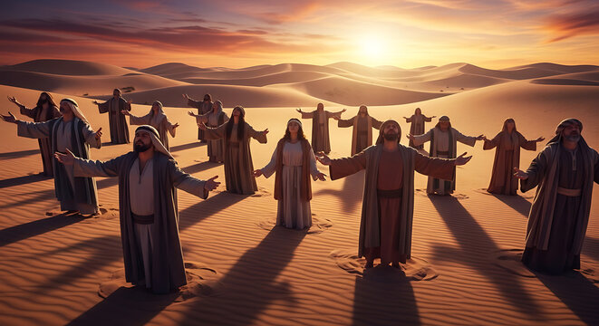 Diverse group of faithful believers, men and women, praying with outstretched hands towards the sky in a vast arid desert landscape during a vibrant golden sunset for spiritual connection.