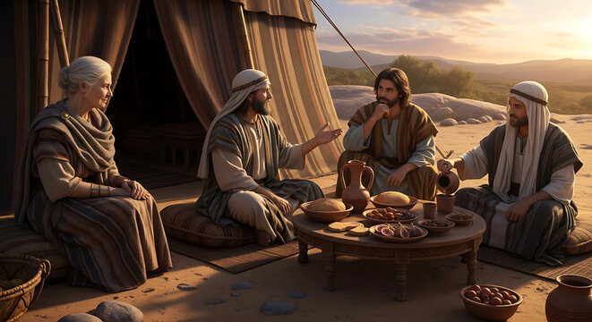 Ancient elderly woman watching three mysterious celestial travelers dining and conversing outside a nomadic desert tent during a historical biblical scene of hospitality and prophecy.