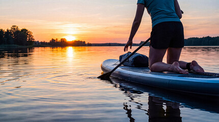 Person kneeling on a paddleboard on a tranquil lake at sunset, enjoying a peaceful evening on the water. © Laura