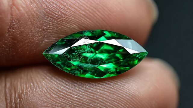 Emerald gemstone marquise faceted green jewel held between fingers, macro close up