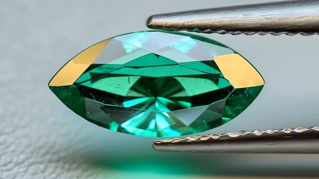 Gemstone marquise faceted green jewel in tweezers, macro jewelry inspection