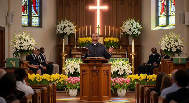 African American pastor holding holy bible preaching from pulpit in Christian church during traditional Easter Sunday mass service religious spiritual leader delivering powerful gospel sermon