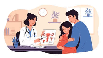 Fototapeta premium Professional female doctor showing a diagram of the female reproductive system to a sad couple during a fertility or health consultation.