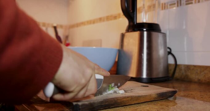 Person preparing a meal by slicing spring onions